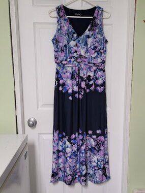 Nina K Floral Maxi Stretch Dress-Medium-Nvy Purp/blues/wh-Slimming Romantic Boho